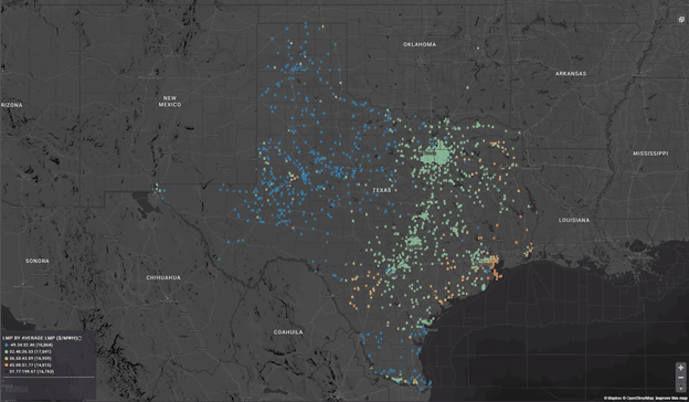 Chart showing average locational marginal prices in Texas