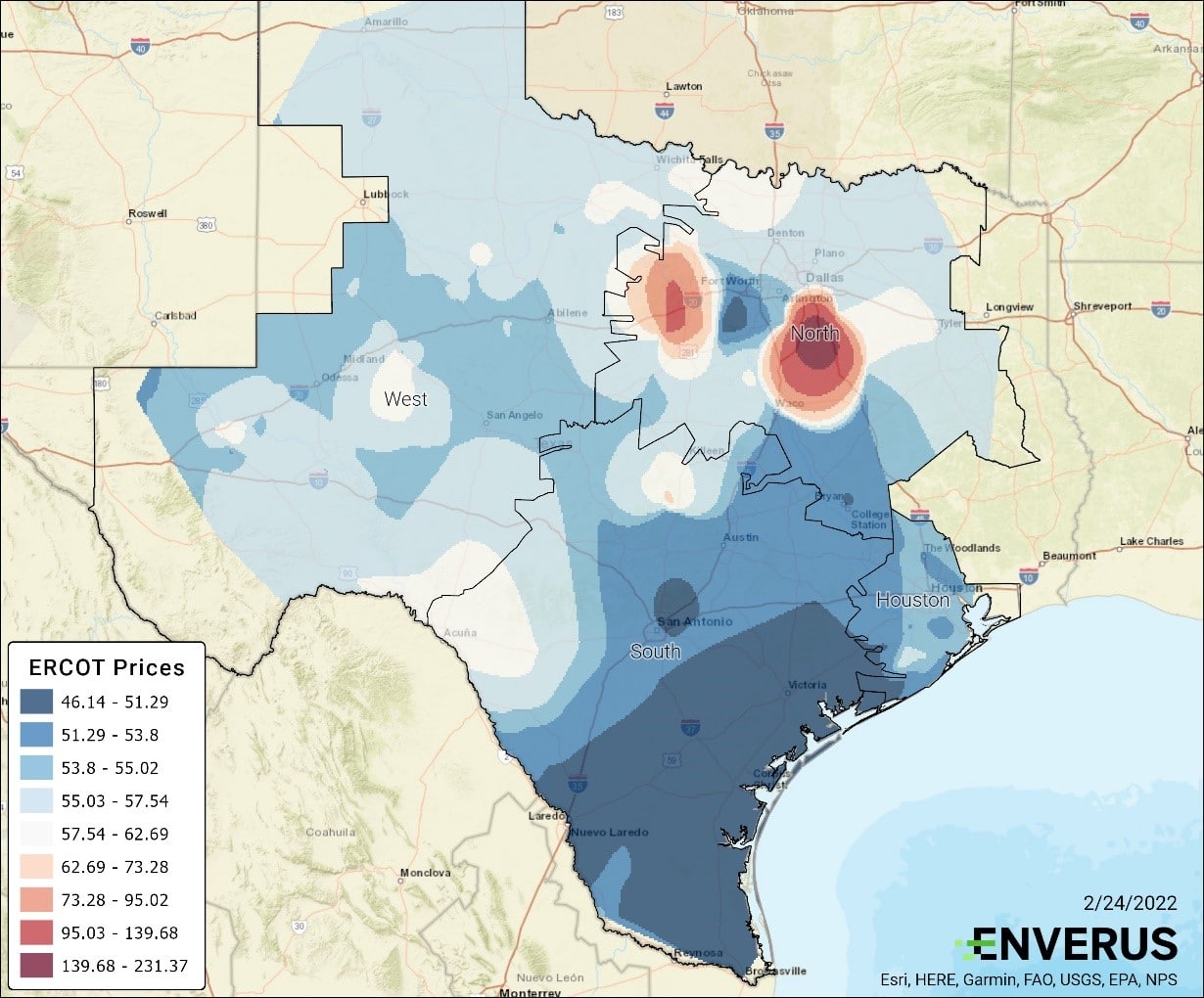 Map showing ERCOT Day-Ahead Market Prices for Feb 24
