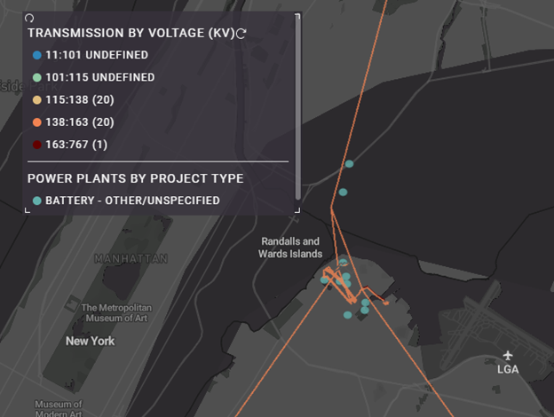 New York map showing transmission by voltage and power plants by project type