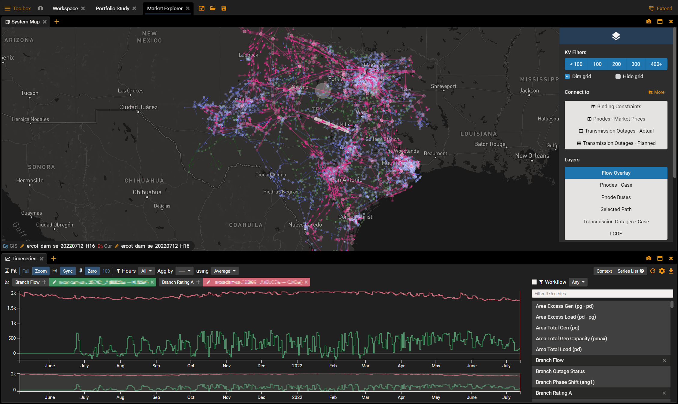 System Map open on the Market Explorer tab showing different layers of information (Flow Overlay, Pnodes-case, Pnode Buses, Selected Path, Transmission Outages - Case, LCDF) - Enverus