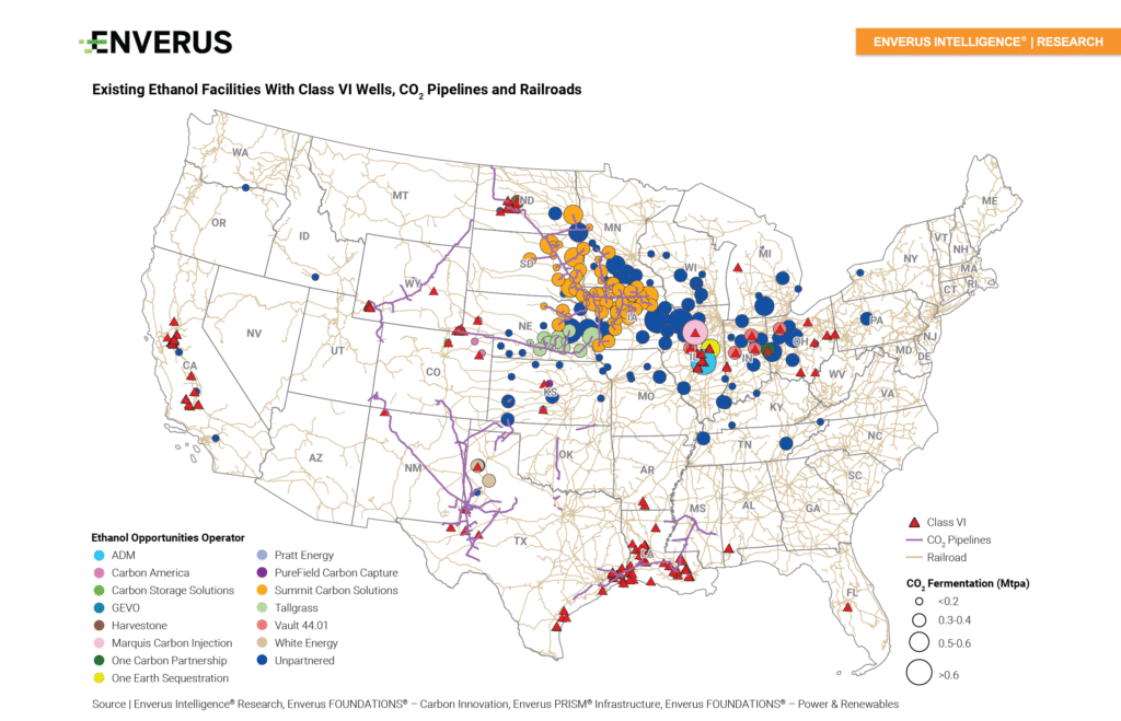 Enverus Intelligence Research_Existing Ethanol Facilitates with Class VI Wells, CO2 Pipelines and Railroads