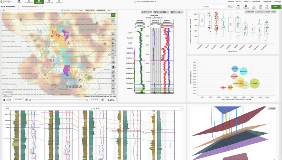 Figure 2: Workbook of the PRB in PRISM, displaying geological property grids, cross sections, the 3D Viewer with grids and plots of geologic characteristics vs production and spacing metrics.