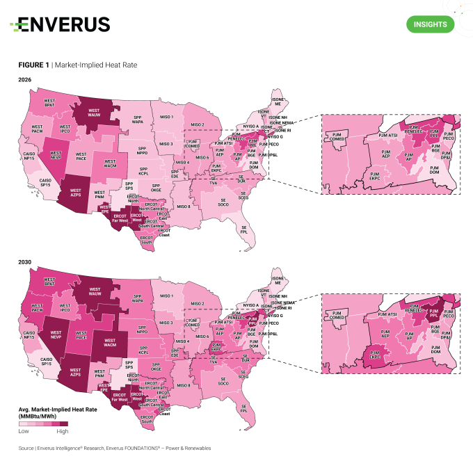 Map of the United States showing Market-Implied Heat Rate for 2026 and 2030