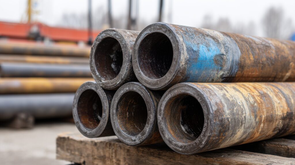 Stack of used industrial steel drill pipes at a drilling site or oil field storage yard