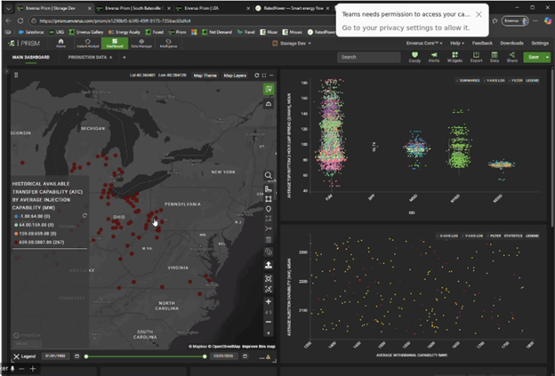 Enverus PRISM® visualization of substation-level injection and withdrawal capacity within PJM