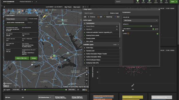 Enverus PRISM® visualization of operating and planned transmission lines in Texas