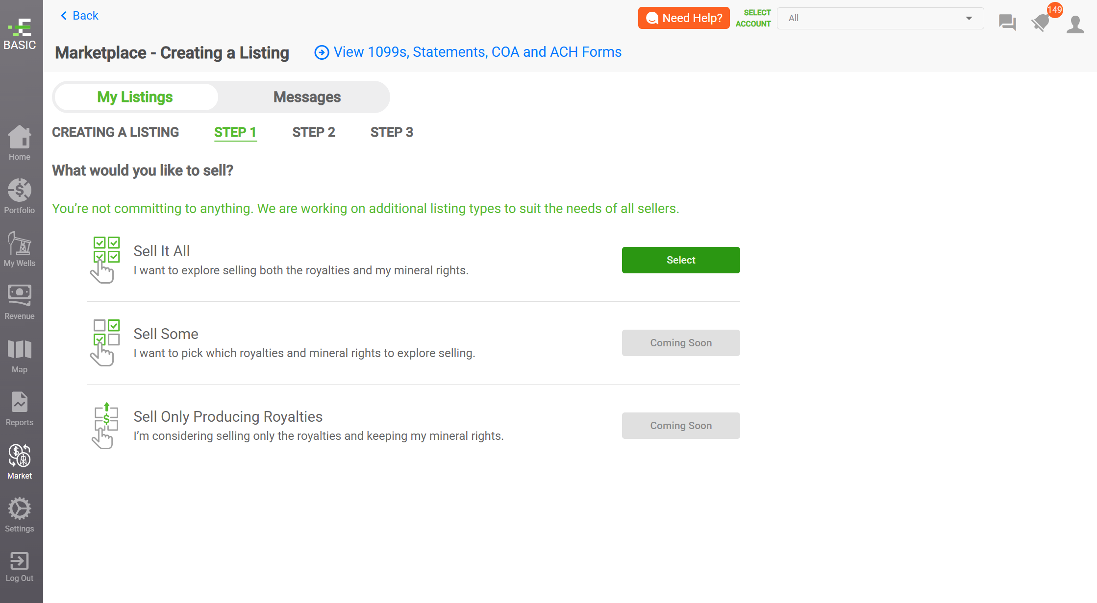 Marketplace - A screenshot of how to  create a listing in Minerals Marketplace