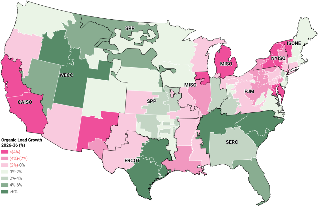 US map of organic load growth by region, 2026–2036, in percent